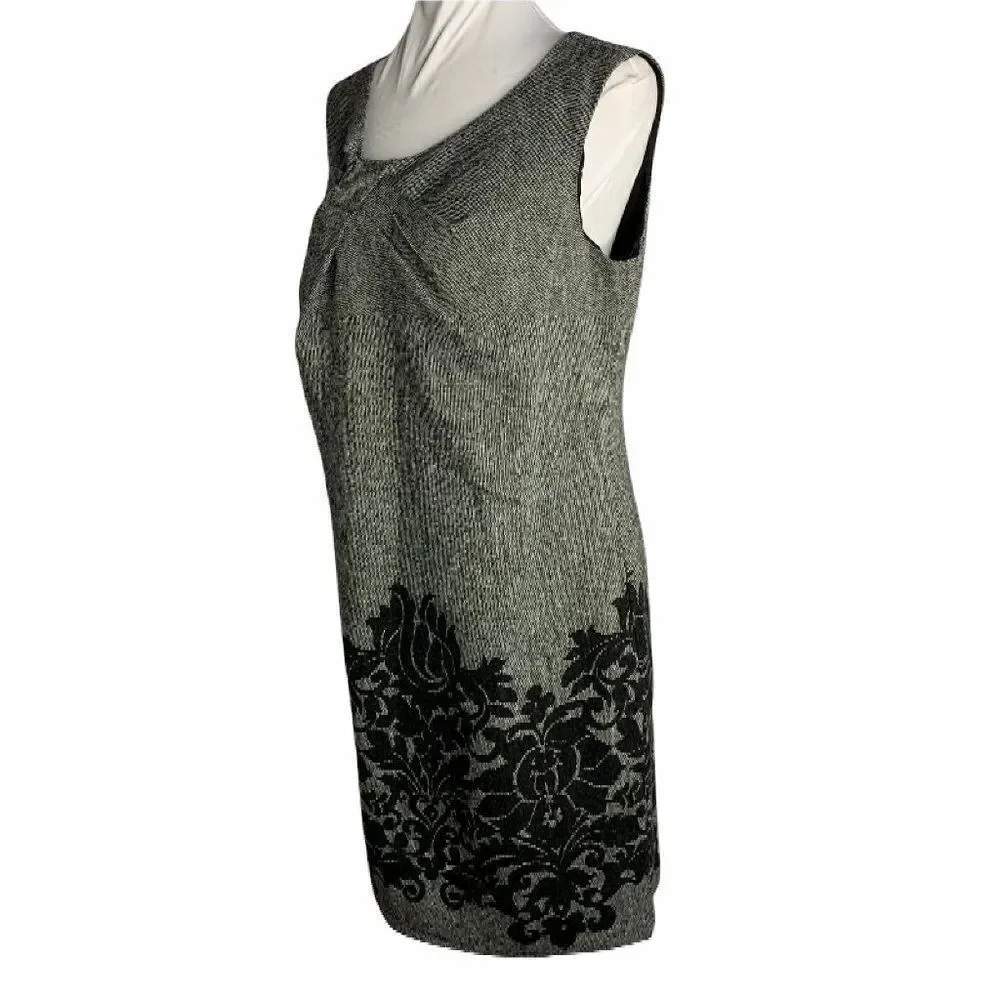 Vintage Wool Blend Sheath Dress 12 Black Floral Sleeveless Knee Length